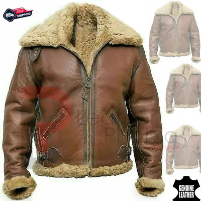 Mens Pilot Flying B3 Bomber Brown Air Force Aviator Fur Shearling Leather Jacket • $379.99