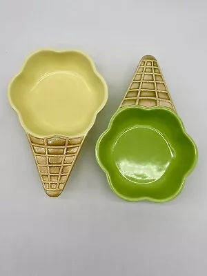 Vintage Ceramic ICE CREAM Cone Dish Set 2 Green Yellow Retro Made In Japan • $12