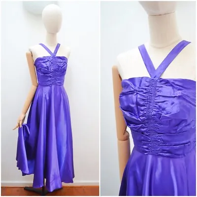 40s 50s Purple Satin Ruched Halterneck Full Skirt Gown Dress Rockabilly Prom • £70
