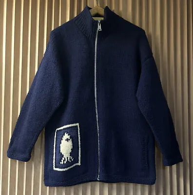 £130 • Buy Vintage Fish Sea Cardigan Blue L Wool Handknit Handmade Pachamama Rare