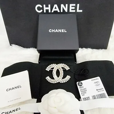 CHANEL Silver Strass Crystal CC Logo Brooch Large Size Authentic BNIB • $998