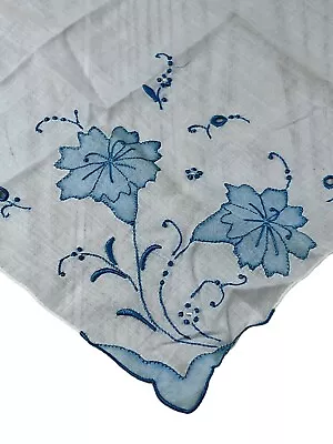 Vintage Embroidered Hanky Hankerchief  Blue Flowers  Pocket Scarf Made/Madeira • $6.99