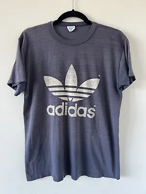 VINTAGE 70s Adidas Faded Blue Double Sided Logo T-Shirt - Medium / Super Soft • $110