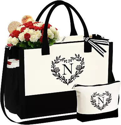 Gifts For Women - Monogram Initial Beach Tote Bag With Makeup Bag Mothers Day Bi • $56.99