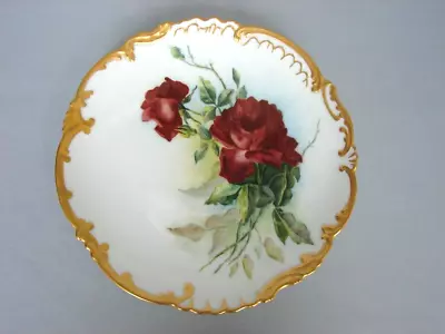 Vintage Elite Limoges Hand Painted Red Roses 8-1/2  Decorative Plate Gold Trim • $79.95
