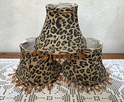 Leopard Print Mini Lamp Shades  Beaded Fringe 5  Inch Bell-shaped Set Of 3 • $9