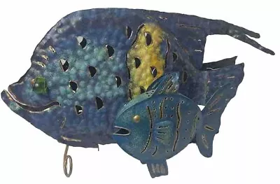 2 Vintage Metal Fish Art Candle Holder Beach Lake Decor 1 Lg 1 Sm Blue/Gold • $45