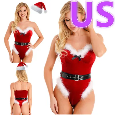 US Women Xmas Bodysuit With Hat Outfit Velvet Christmas Lingerie Set Santa Claus • $6.05