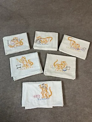 6 Vintage Kitschy Hand Embroidered Kitten Cat Days Week Chores Tea Towels XL • $44.99