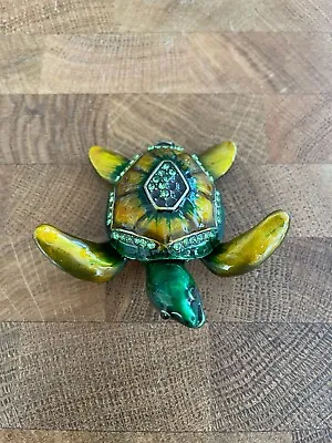 Mini Sea Turtle Green Hand Painted Bejeweled Hinged Trinket Jewelry Box • $13