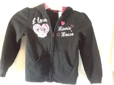 DISNEY I Love Minnie Mouse Black Full Zip Hoody Size 5 Girls W/pink Heart Hood • $10.99