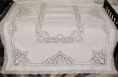 Vintage Point De Venice LACE Fine LINEN Tablecloth 98x70 As Is 4repair Repurpose • $40