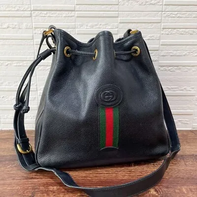 $419.40 • Buy GUCCI Sherry Line Drawstring Shoulder Bag Purse Leather Black Made In Italy Auth