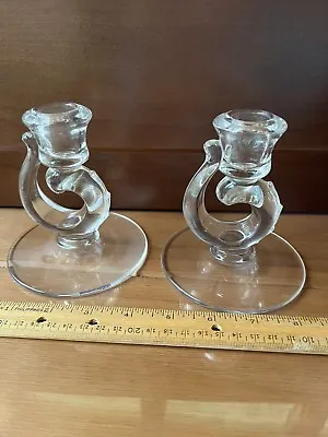 $9.99 • Buy Two Clear Fostoria Glass Dragon Tail Taper Candle Stick Holders  4 Inch Tall
