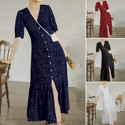 £13.36 • Buy UK Womens V Neck Polka Dot Maxi Dress Ladies Beach Holiday Long Dresses Sundress