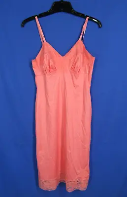 VTG VAN RAALTE Silky NYLON Floral Lace Embroidered CORAL PINK Full Slip Sz 32 • $20.80