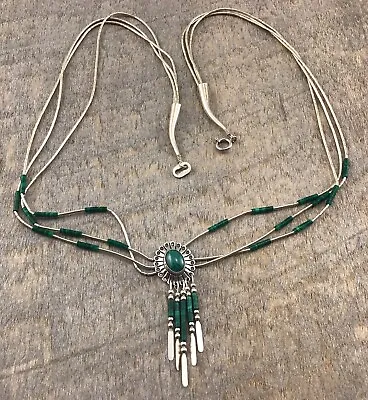 Vintage QT QUOC  Sterling Silver Multi Strand Malachite Liquid Silver Necklace • $118