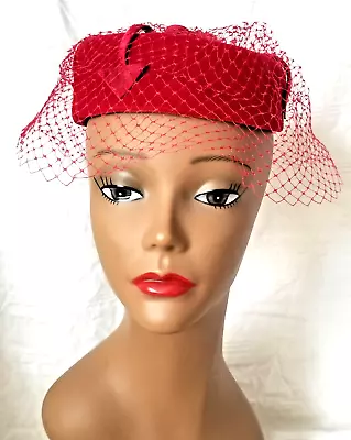 Vintage Pill Box Hat Red Velour Veil Size Small 6 3/4 • $25.90