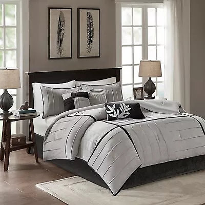 Gray Landcaster Microsuede Pleated Comforter Set Queen 7pc • $37.99