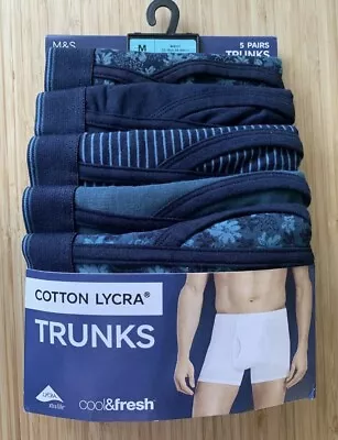 M&S Mens Trunks 5 Pack Cotton/Lycra Boxer Shorts Cool & Fresh Size Medium 33-35” • £19.50