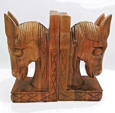 Set Of 2 MOnkey Pod 10  Equestrian Hand Carved Wood Horse Heads Book Ends READ! • $69.99