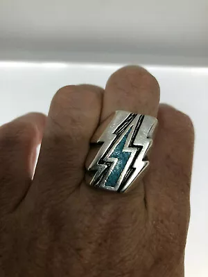 Vintage Lightning Bolt Ring Genuine Southwestern Turquoise Inlay Mens  • $55