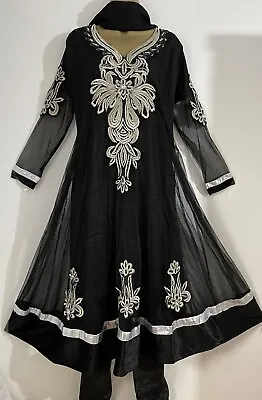 Anarkali Readymade Ladies Indian Pakistani Long Black & Gold Dress Size 42 (L) • £24.99