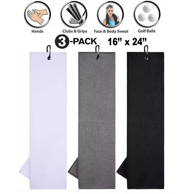 3 Pack Of Premium Colored Microfiber Golf Towels 16  X 24  With Carabiner Clip** • $9.99