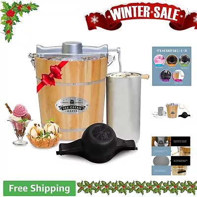 4 Quart Electric Ice Cream Maker - Vintage Wood Bucket Design - Bonus Hand Crank • $130.99