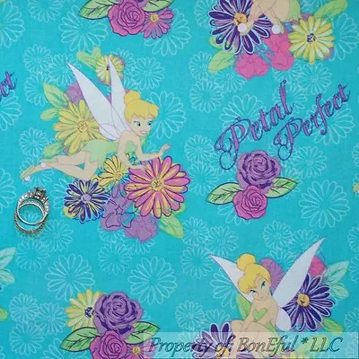 BonEful FABRIC FQ Cotton Quilt Aqua TINKERBELL Disney Flower Fairy Princess Girl • $7.79