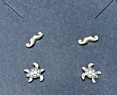 Sterling Silver 925 2 Pack Pierced Earrings Sea Turtle And Mustache • $8.49