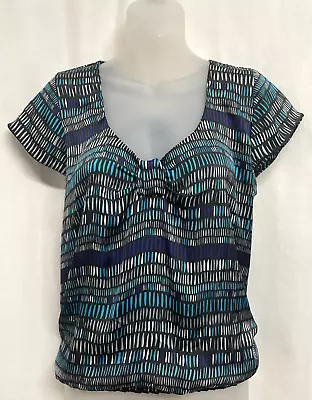 Basque Top Blouse Shirt Size 16 Petite Short/Cap Sleeve Blouson Blue Black Work • $22.99