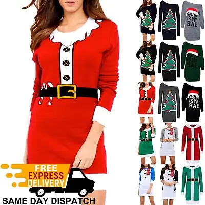 Womens Ladies Knitted Christmas Xmas Elf Costume Oversized Baggy Jumper Dress • £16.19