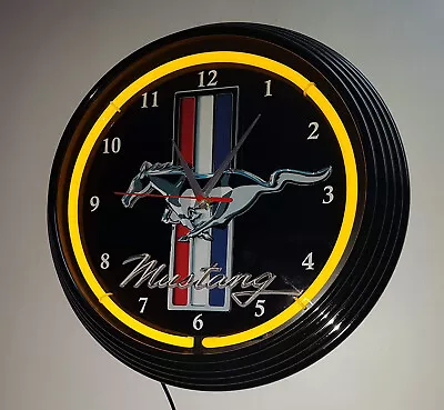 MUSTANG BLACK BADGE SIGN 15  YELLOW Neon Clock BLACK Framed Garage Man Cave Bar • $99.99