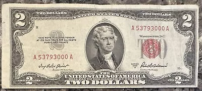 1953-a $2 Dollar Bill Usa Unique Serial # 3000 Off Center Cut Red Seal Us Money • $0.01