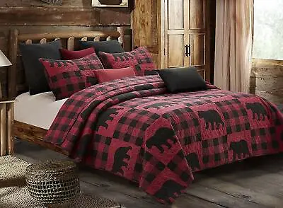 Beautiful Cozy Log Cabin Lodge Hunt Red Brown Beige Plaid Moose Bear Quilt Set • $146.32