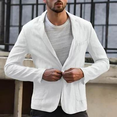 MenS Slim Linen Blend Pocket Solid Color Long Sleeve SuitS Blazer Jacket Outwear • $27.96