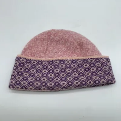 Alan Santry Knit Beanie Hat One Size VGC Pink Purple Fairisle Nordic 100% Wool • £17