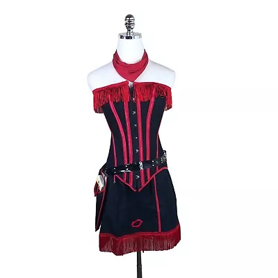 Coquette Western Saloon Cowgirl Costume S/M Black Red Fringed Corset Skirt Rodeo • $25.85