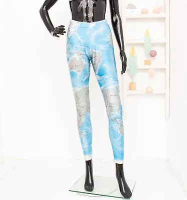 Black Milk World Maps Leggings Mid Rise Blue Beige Fitness Yoga Women's L • $25.34