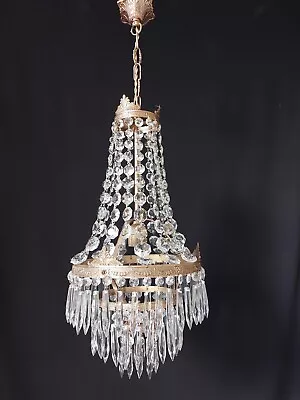 Antique Vintage Brass & Crystals French Empire Chandelier Ceiling Lamp Light • $235