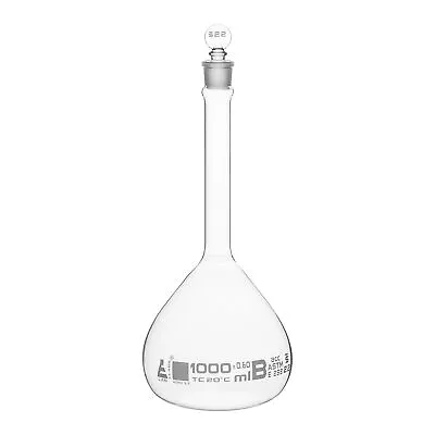 1000ml ASTM Volumetric Flask W/ Glass Stopper - Class A - White Markings - • $38.99