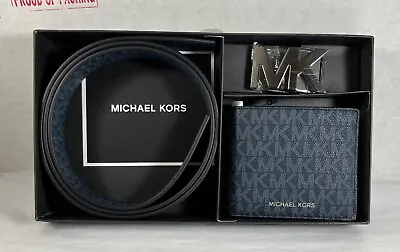 Michael Kors Men's BELT& Wallet Gift Set Reversible Blue Signature MK Leather • $79.98