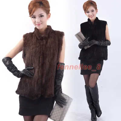 100% Genuine Mink Fur Vest Women Hand Knitted Waistcoat Warm Gilets Casual Tops • $178.94
