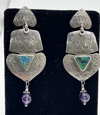 VTG Sterling Silver 3 Tier Dangle Earrings TARRA Turquoise & Amethyst 14k Post • $39.99