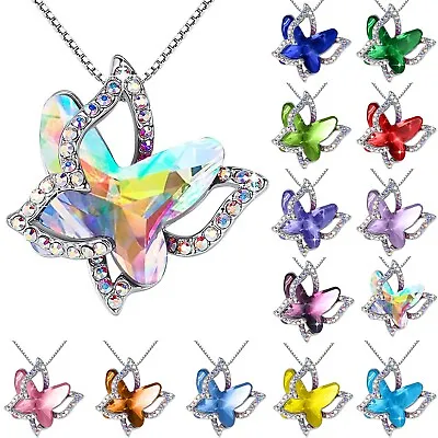 Butterfly Crystal Necklace With Premium Birthstone Crystal Jewelry Gifts Pendant • £1.81