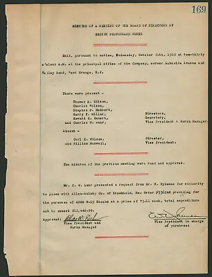 Thomas A. Edison - Corporate Minutes Signed 10/20/1920 With Co-signers • $1800