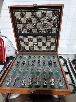 Staunton Inspired Brass Metal Luxury Chess Pieces & Board Set-12 -Silver & Black • £69.99