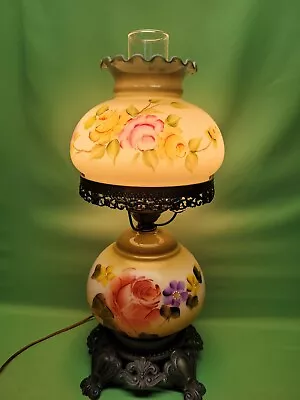 Vtg GWTW Lamp White Green Trim Hand Painted Flowers Top Bottom Light & Chimney  • $139.99