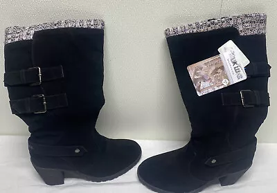 Mukluks Sz 9 Womens Boots Black Tall Suede Sweater Top 3  Heel Zip Buckle NWT • $39.99